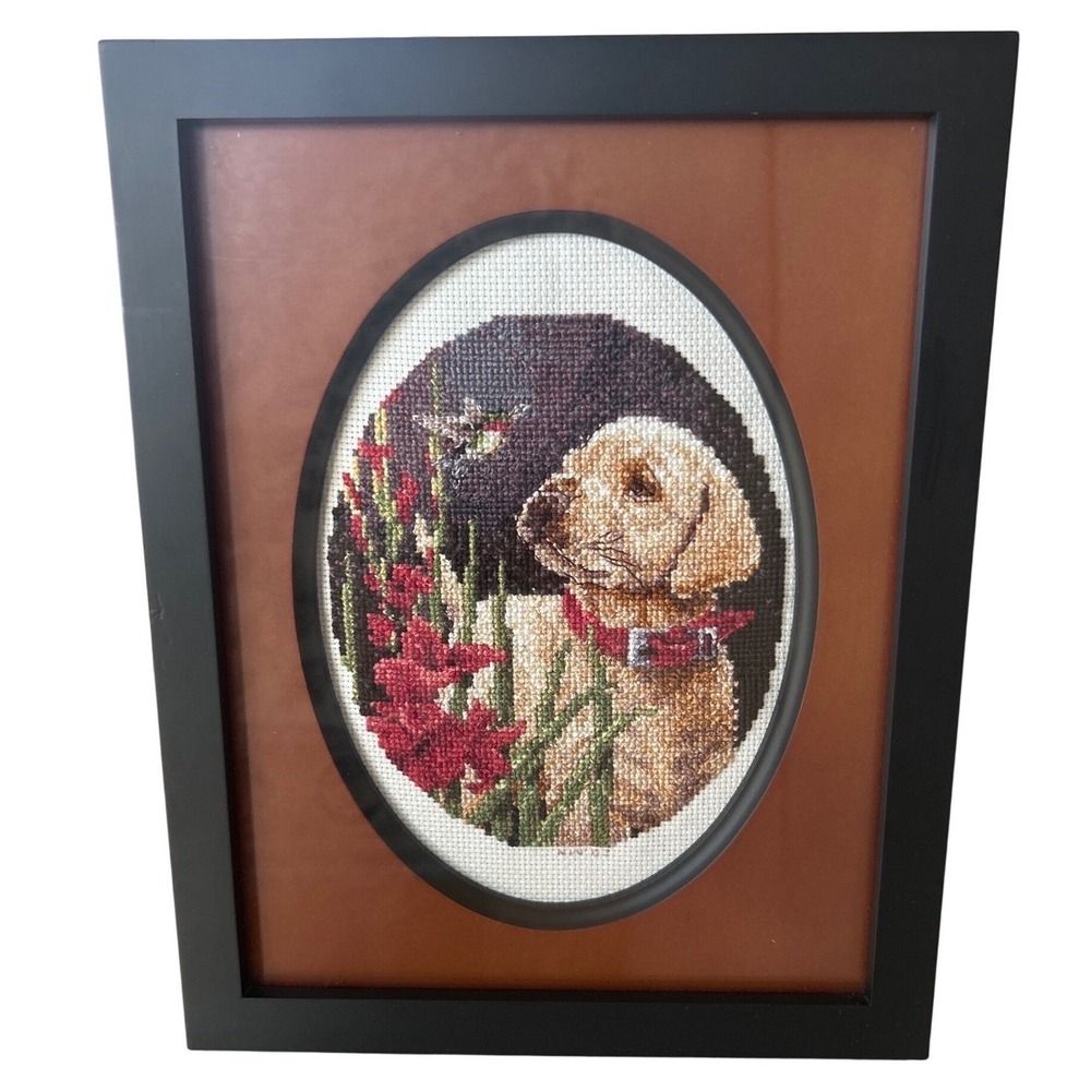 Framed Yellow Labrador Puppy Cross Stitch Art Hummingbird Flowers 7x9 Black Fram